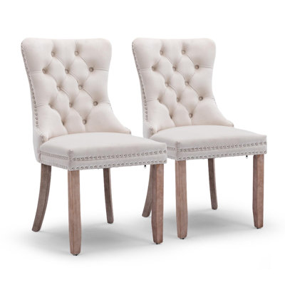 Friedrun Velvet Dining Chair Tufted Dining Room Chair with Solid Wood Leg