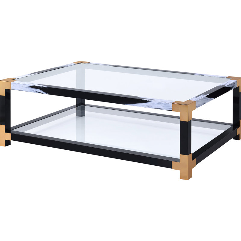 Table basse moderne Allsup avec structure en métal brossé blanc et verre transparent