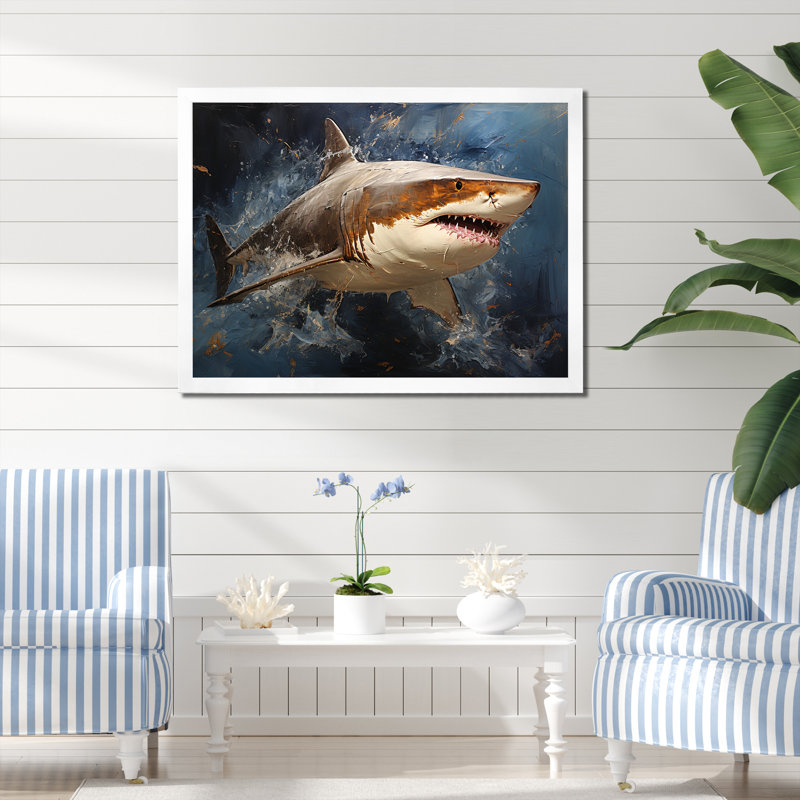 Underwater Shark attack I - Shark Large Wall Art, 16" H x 32" W x 1" D, White Closed Corner Framed