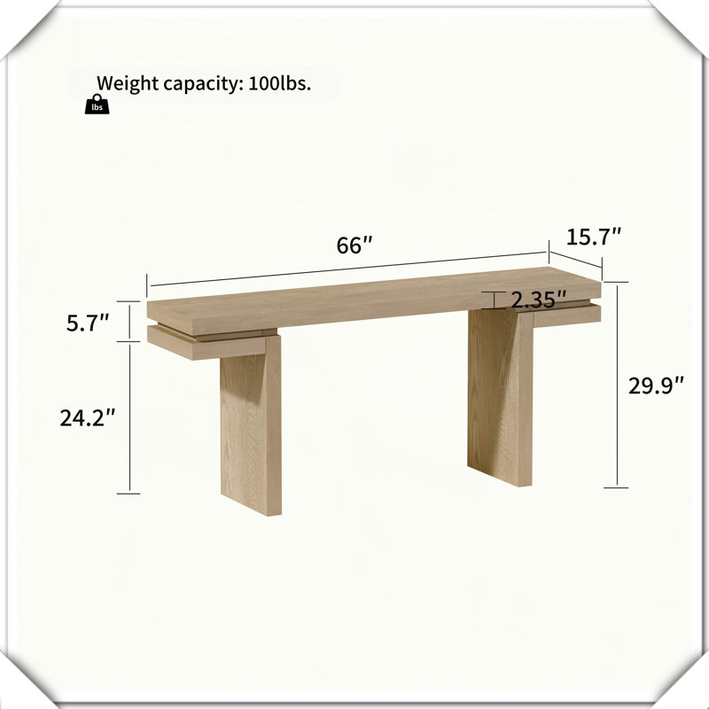Console très large en placage de bois véritable de 66 pouces, design minimaliste pour le vestibule et le salon, finition chêne vieilli