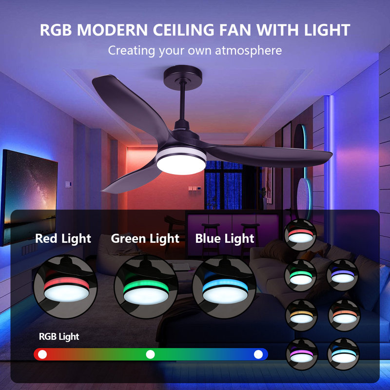  RGB Ceiling Fans with Lights 52 Inch, Quiet DC Motor LED Ceiling Fans with Remote for Bedroom, Living Room, Kitchen, 3CCT, 6 Speeds, Reversible, Dimmable, Timer, Memory, Black