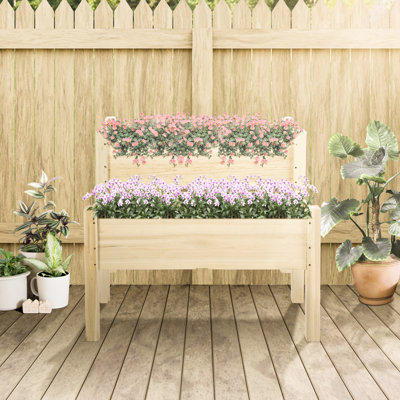 Lit de jardin surélevé 34 po x 34 po x 28 po, 2 bacs à fleurs en bois, légumes, herbes, fleurs, style naturel, capacité de poids élevée, bac de drainage d'eau pour la cour, patio, attrait, conception surélevée, niveaux de gestion