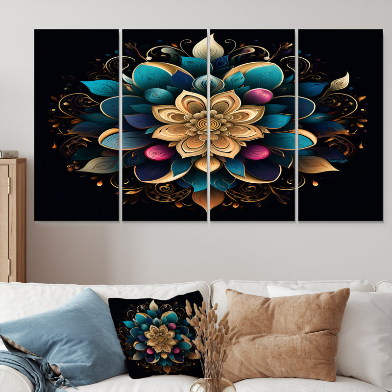 «Turquoise Gold Flower - Boho Mandala», ensemble d'art mural 4 pièces, H 28 po x l 48 po