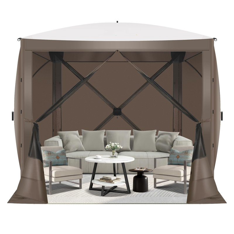 6x6FT Camping Gazebo Screen Tent,  Sided Pop-up Canopy Shelter with Mesh Windows, Brown