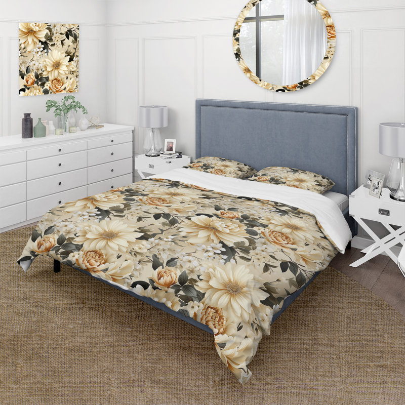 Ensemble de housse de couette Vintage Neutrals Mosaic Flowers II, Housse de couette pour grand lit et 2 taies décor