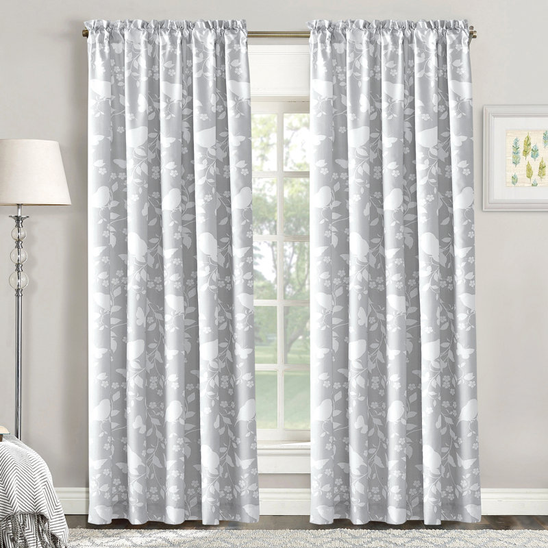 Sereno Floral Rod Pocket Curtain Panels, Grey, 84''L x 60''W