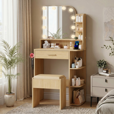 Jaseria Makeup Vanity Set with LED Lighted Mirror & Power Outlet, Vanity Table with 6 Storage Shelves for Bedroom