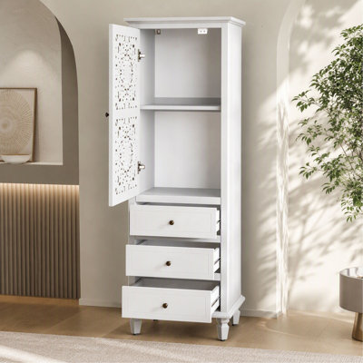 63" Tall Farmhouse Vintage Decorative Cabinet with Carved Door & 3 Drawers, Freestanding Tall Side Cabinet with Interior Storage, Retro Display Cabinet for Living Room Entryway Dining Room