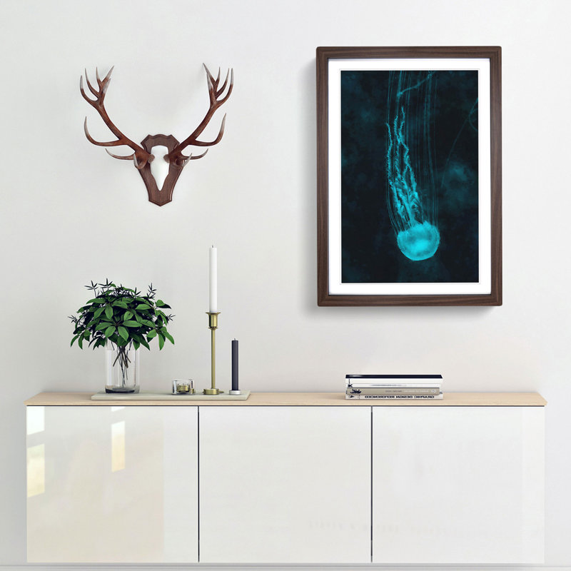Neon Blue Jellyfish Abstract - Picture Frame Graphic Art Print, 87cm H x 62cm W x 2cm D, Walnut Framed