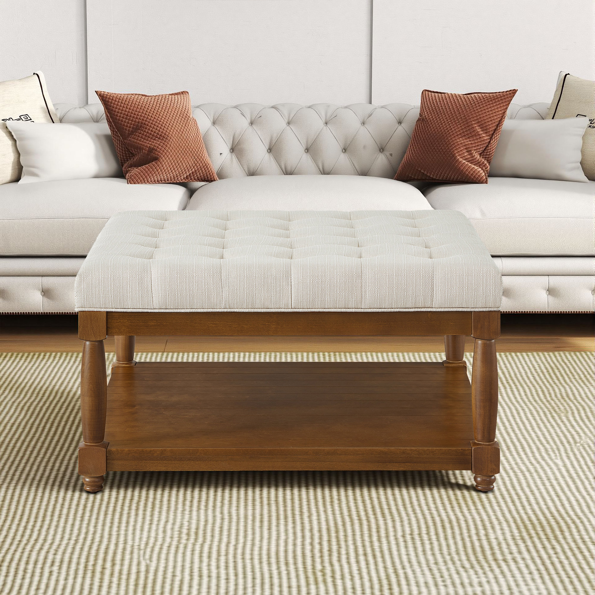 Large Square Upholstered Tufted Linen Ottoman Coffee Table With Solid Wood Shelf, Ivory | Gift Idea - Ivory