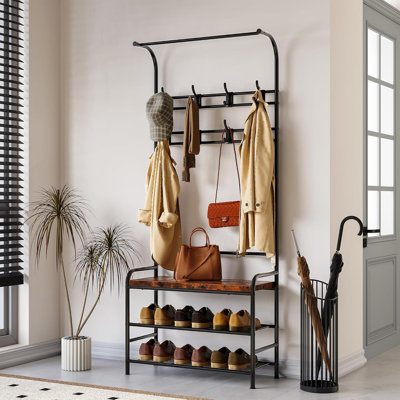 4-in-1 Hall Tree Shoe Bench For Entryway, Coat Tree With Bench Storage Shelf And 8 Hooks