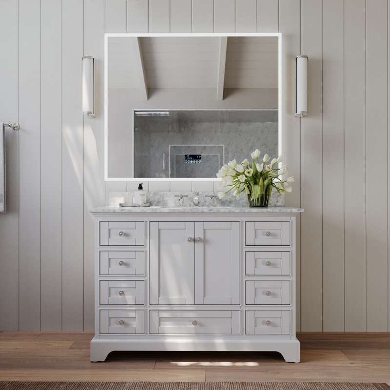 Ensemble de meuble-lavabo simple 48 po Varna, Blanc / nickel brossé, Marbre blanc de Carrare
