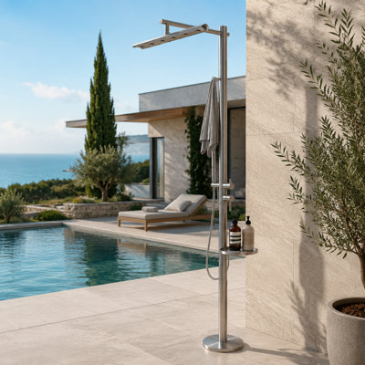 2 Functions 304 Stainless Steel Outdoor Shower With Rain Shower Head & 3-Mode Handheld With Shelf And Hook For Garden, Beach, Pool, Camping