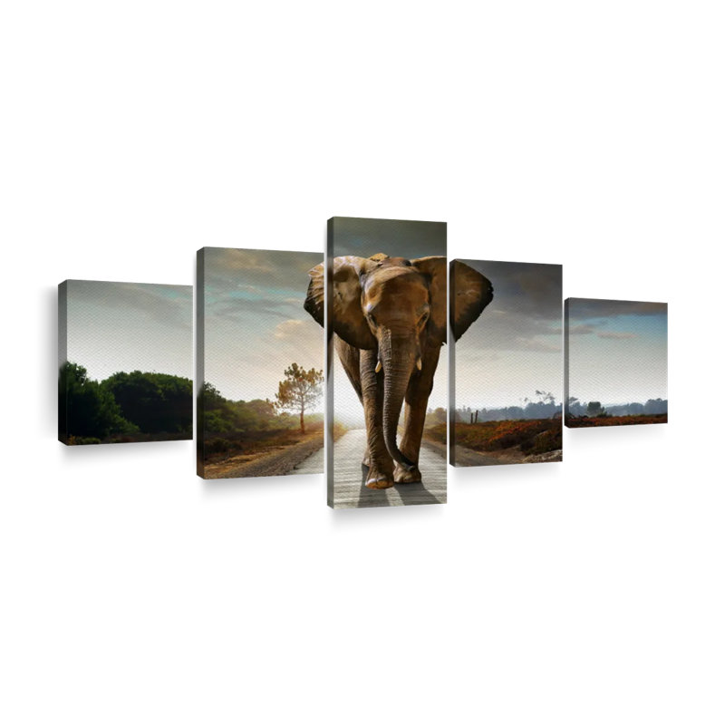 Éléphant d'Afrique marchant seul sur toile, 5 pièces, H 36 po x l 80 po x P 1,25 po