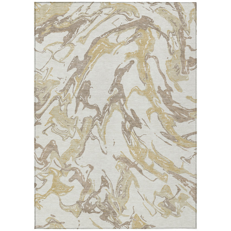 Tapis intérieur lavable abstrait 10 pi x 14 pi ivoire doré et brun