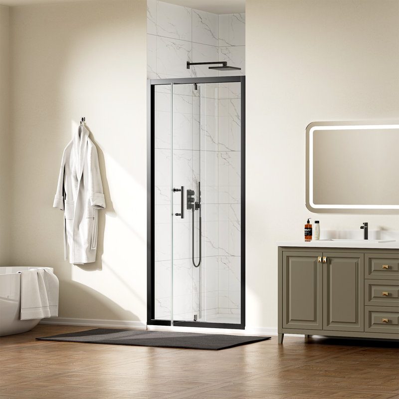 32 po X P 72 po Porte de douche à cadre pivotant en H noir mat avec verre trempé, Noir mat