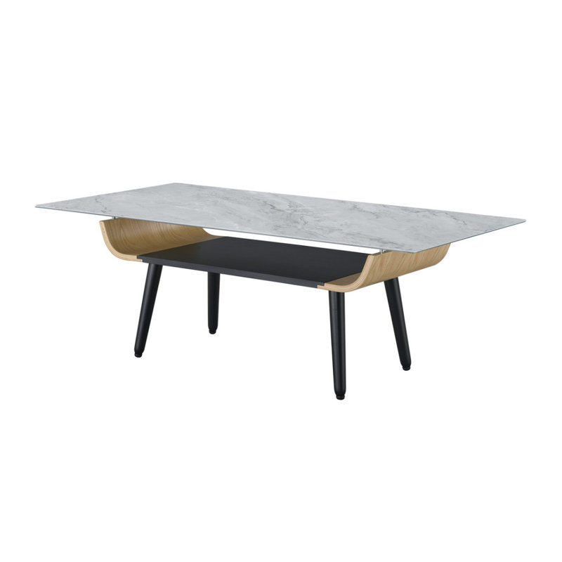 Table basse Lorenzo de 47 po avec plateau en verre marbré gris et bois cintré