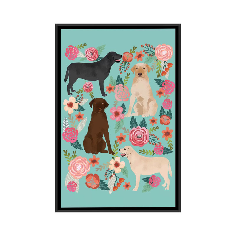 Collage floral labrador, impression sur toile tendue, H 60 po x l 40po x P 1,5 po, Toile avec cadre noir, Pas de tapis