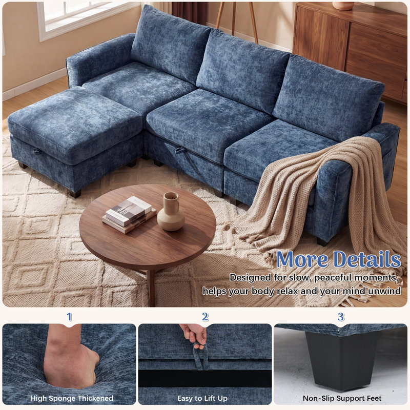 4 Seat Chenille L-Shaped Modern Modular Sectional Sofa With Storage, Blue Chenille