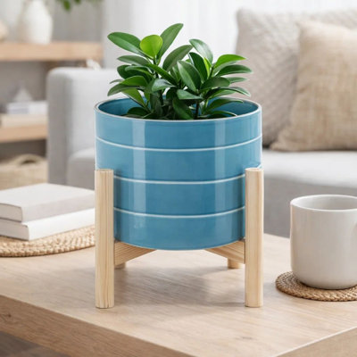 Pot à fleurs intérieur / extérieur, support en bois, céramique rayée bleu ciel 8 pouces