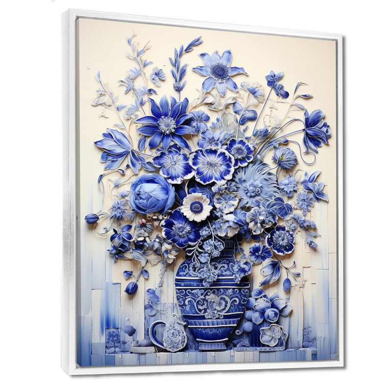 «Blue and White Boho plant Pottery II», impression sur toile Boho Pottery, H 20 po x l 12 po x P 1 po, Cadre flottant blanc