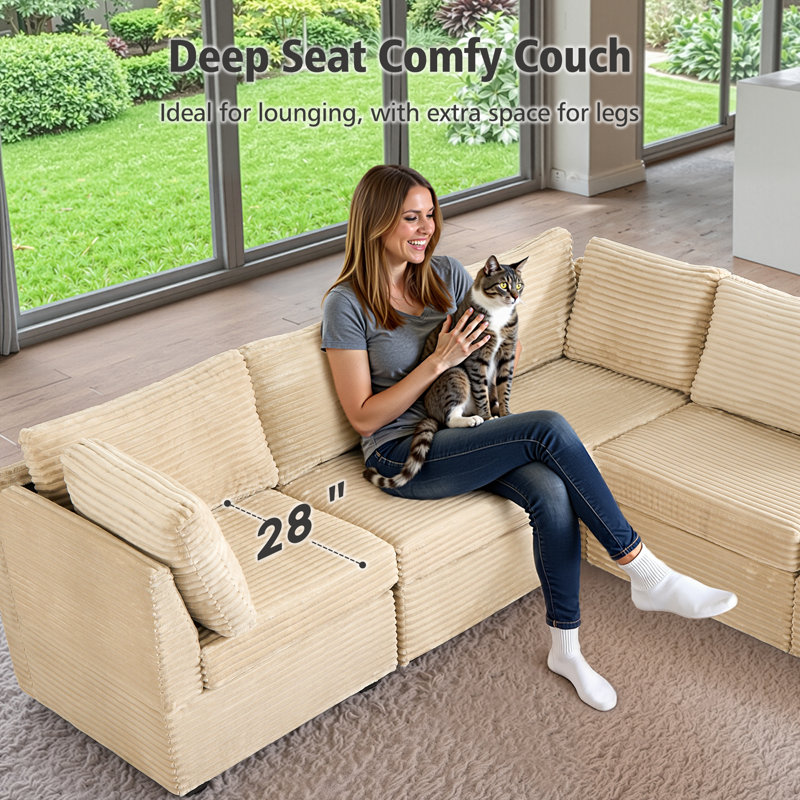 Nathasa 5-Piece Upholstered Corduroy Sectional, Beige Corduroy