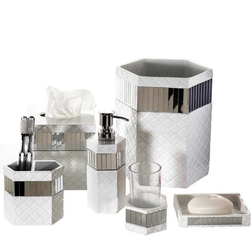 White and Silver Quilted Mirror 6-Piece Bathroom Accessory Set