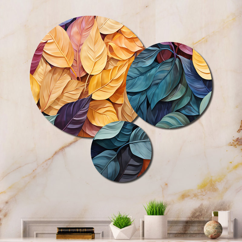 Colorful Leaves Collage II - Modern Metal Wall Art Prints Set