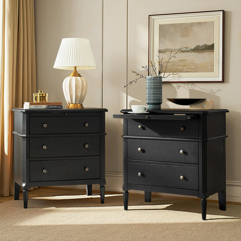 Vandyke Traditional 28"W 3-Drawer End Table with Pull-out Tray and Hidden Drawer and Solid Wood Legs(Set of 2), Black