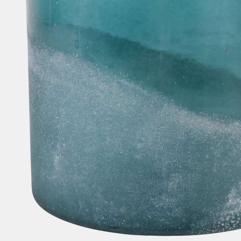Decorative Round Hurricane Candle Holder with Frosted Bottom Style - Modern Glass Pillar Candlestick Holder for Tabletop Accent - Blue & Frost