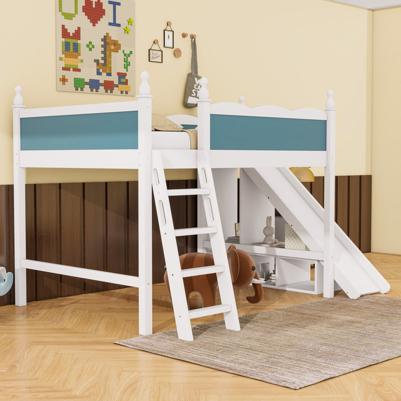 Wood Loft Bed With Storage Shelves And Slide, Full, Blue/White