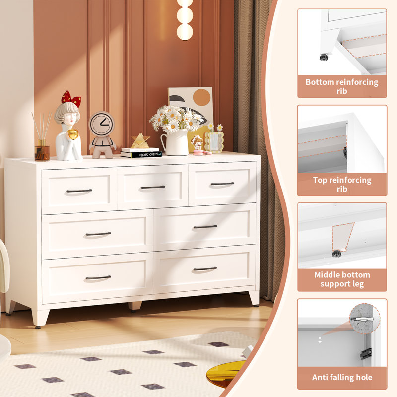 White 7-Drawer Metal Tall Dresser — Deep Storage, Anti-Tip Kit & Adjustable Feet