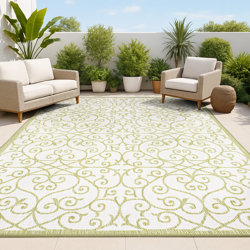 Deilani Vintage Filigree Textured Weave Green/Cream Indoor/Outdoor Rug, Rectangle 5'3" x 7'7"