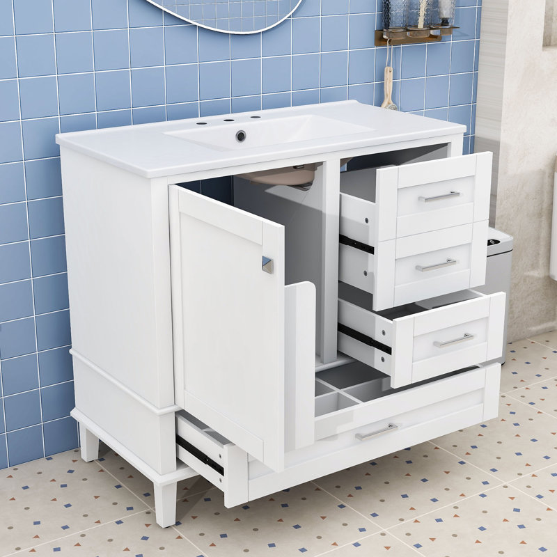 Bathroom Vanity with Soft-Close Doors, Overflow Basin and Versatile Storage, White/Silver