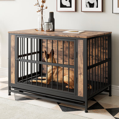 Cage pour chien 38,9 "à 2 portes en brun rustique, fabriquée en métal, convenant à une utilisation à l'intérieur avec un plateau coulissant pour nettoyer les portes de la table, conception à mâcher en métal, chiens de compagnie, couleur brune