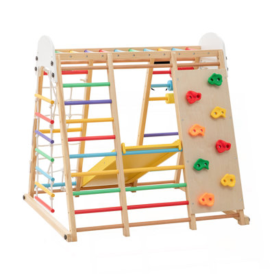 9-in-1 Foldable Kids Climbing Frame & Slide, Wooden Toddler Playground with Swing, Monkey Bars, Climbing Rock, Abacus Game – Indoor Outdoor Playset for Ages 3+, Natural Wood, 176LBS Capacity