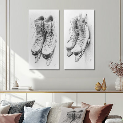 Grey Hockey Skates Hung On Wall I - Sport Hockey Wall Art 2 Pieces Set