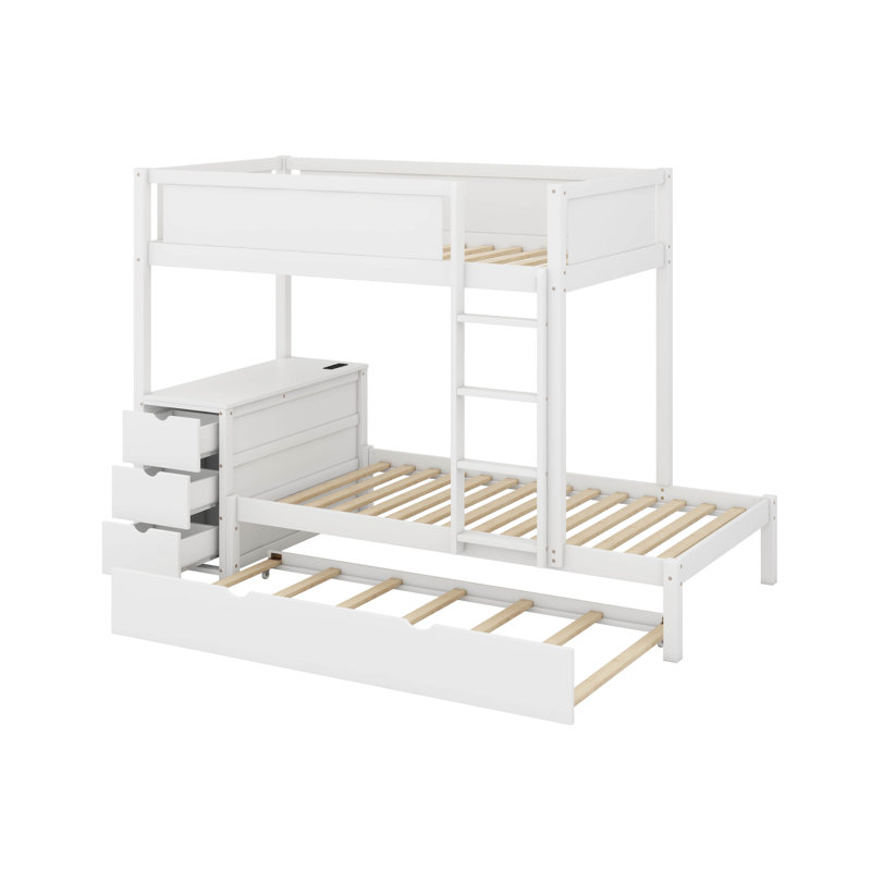 Lit superposé simple au-dessus de simple avec lit gigogne et bureau, Blanc