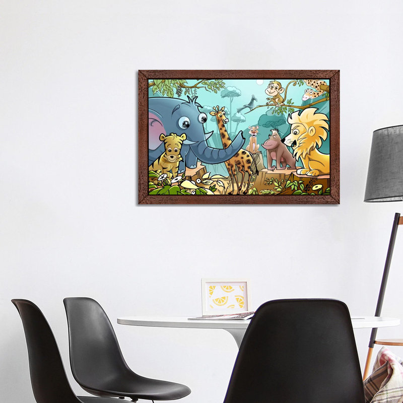 Jungle Cartoon Animals - Floater Frame Print on Canvas, 101.6 cm H x 66.04 cm W, Brown Framed