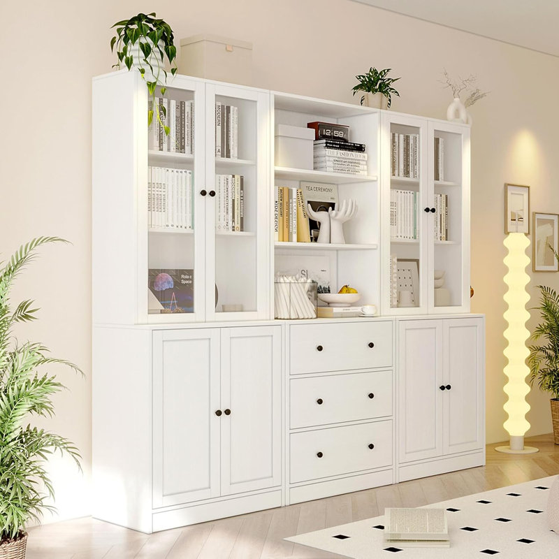 Bibliothèque moderne à 3 niveaux avec portes et tiroirs, vitrine à 5 niveaux avec portes en verre pour bureau à domicile, salle à manger (blanc)