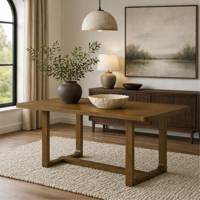 Table de salle à manger, base à tréteaux, chêne clair