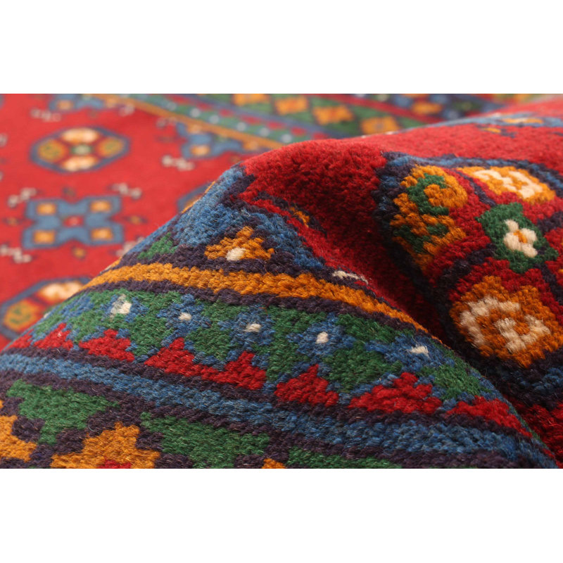 Tapis rouge en laine noué à la main de conception unique 2 pi 7 po x 9 pi 3 po Kargahi
