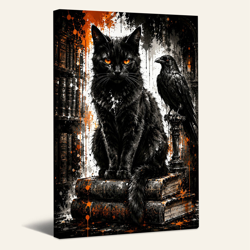 Chat noir et corbeau avec peinture orange éclaboussures d'Halloween sur toile, H 36 po x l 24 po