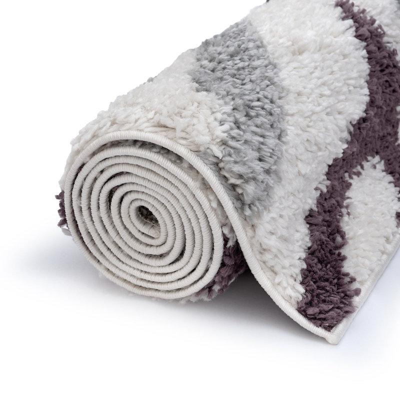 Moodi Modern Shaggy Area Rug Abstract Brushstroke Line Design, Rectangle 160 x 230 cm, Off-White Grey/Purple
