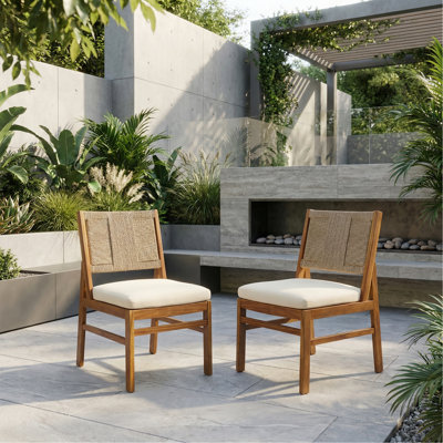 Outdoor Arly Wood And Wicker Woven Dining Chair With Cushions(Set Of 2)