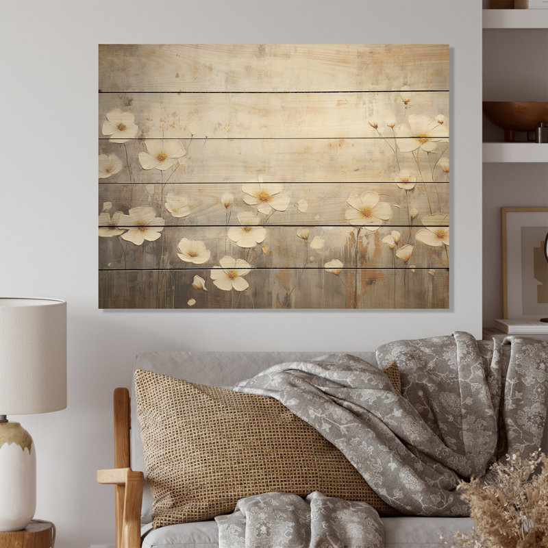 Élégant beige et gris Buttercups Meadow I - Art mural en bois sur bois de pin naturel, H 10 po x l 20 po