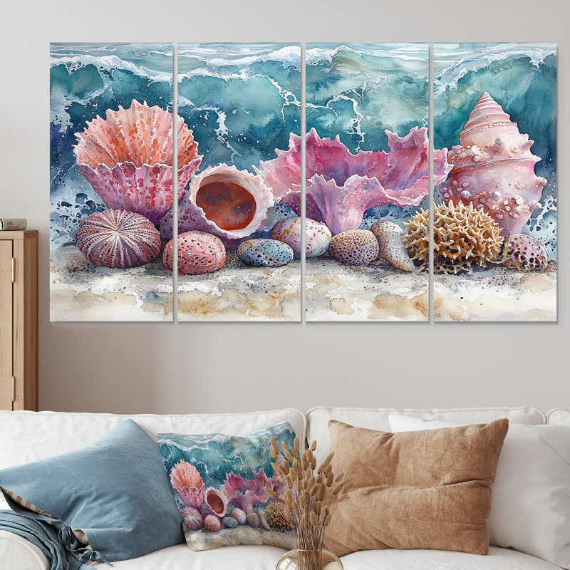 Rose et bleu plage poterie tempête - ensemble de salon d'art mural de poterie de plage, H 32 po x l 64 po
