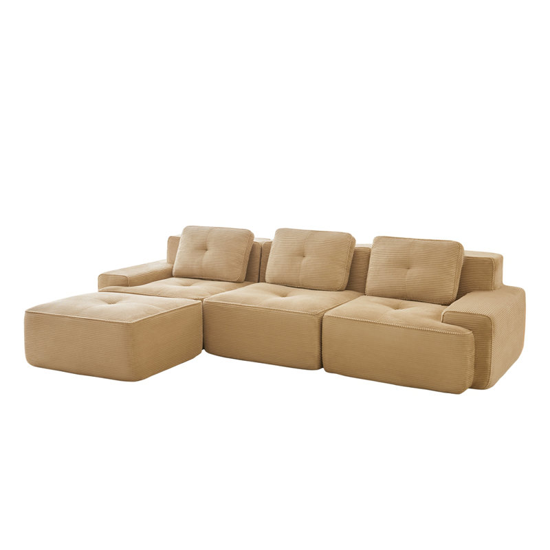 Canapé modulaire en L 117 po pour salon modulaire de 117 po, tissu en velours côtelé, canapé 3 places avec assise profonde et repose-pieds mobile, passepoil perlé, conception capitonnée, sans assemblage, conception antidérapante, canapés à compression
