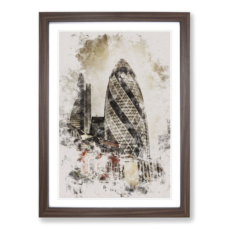 The Gherkin in London Watercolour - Picture Frame Graphic Art, 48cm H x 36cm W x 2cm D, Walnut Framed