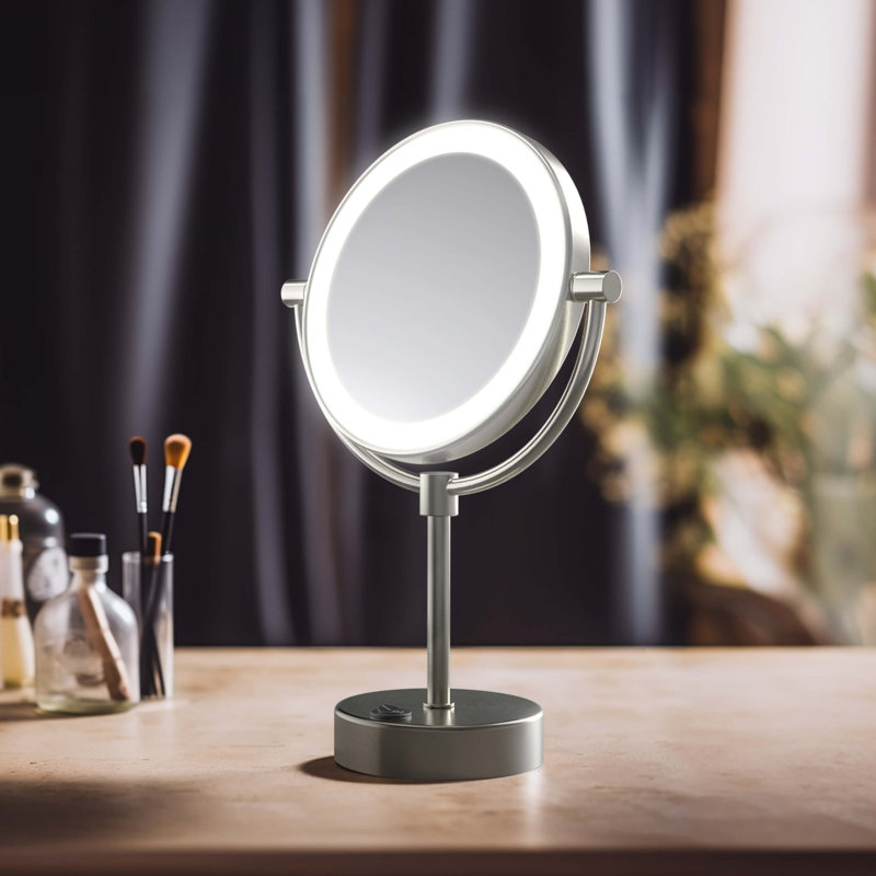 Circular LED Free Standing Magnifying Make Up Mirror, Brushed Nickel